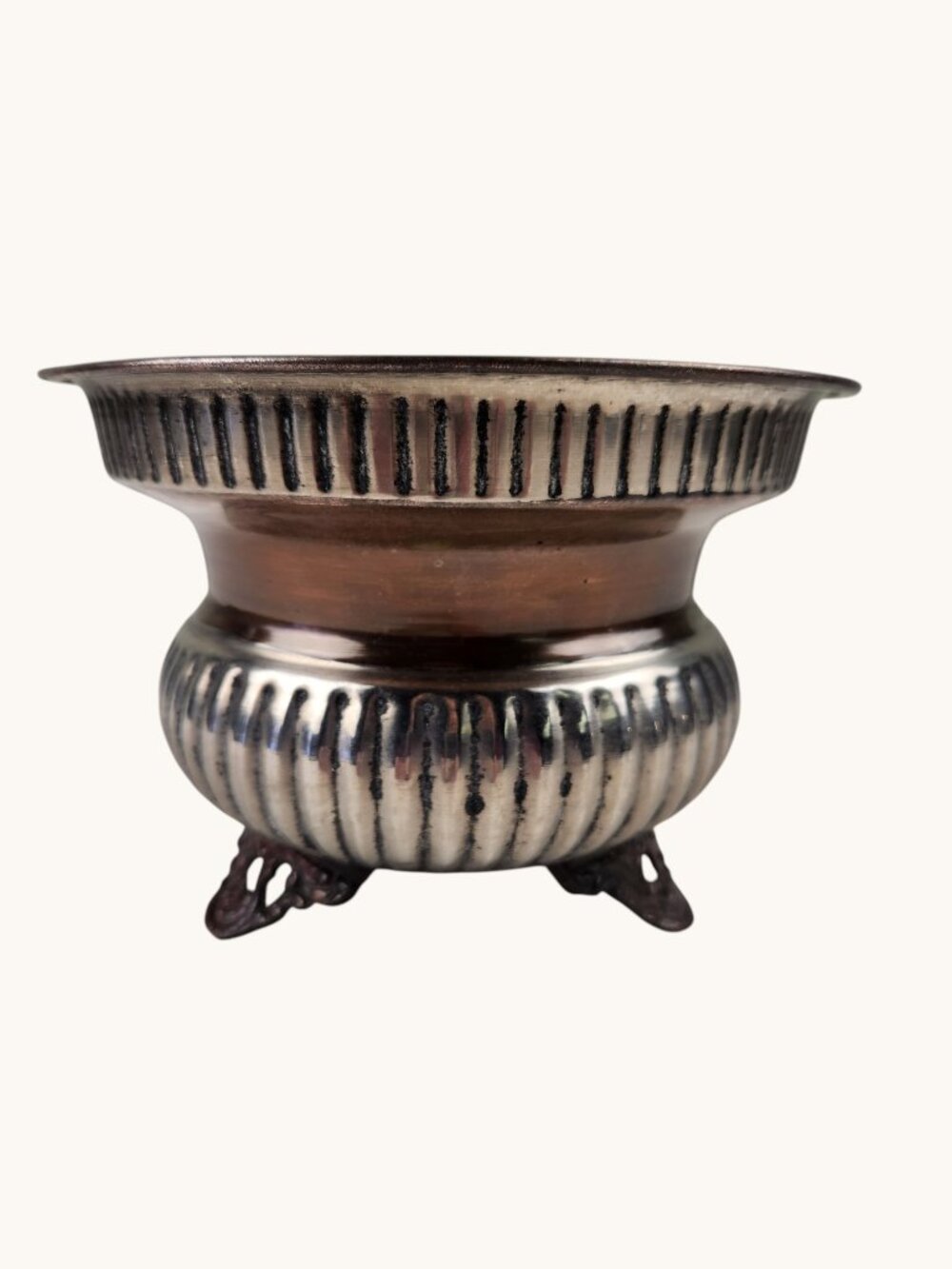 VTG Silver Plated Copper Undertone Planter Bowl Ribbed Footed Nostalgia 5.25" H